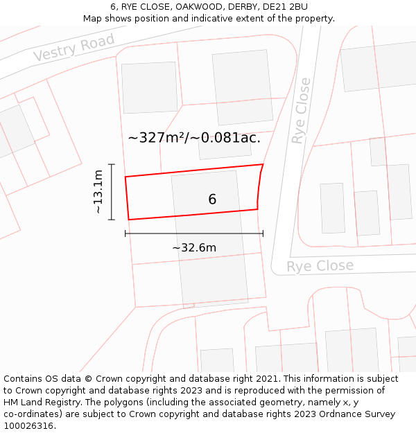 6, RYE CLOSE, OAKWOOD, DERBY, DE21 2BU: Plot and title map