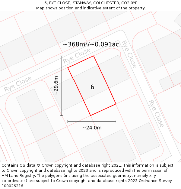 6, RYE CLOSE, STANWAY, COLCHESTER, CO3 0YP: Plot and title map