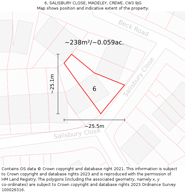 6, SALISBURY CLOSE, MADELEY, CREWE, CW3 9JG: Plot and title map