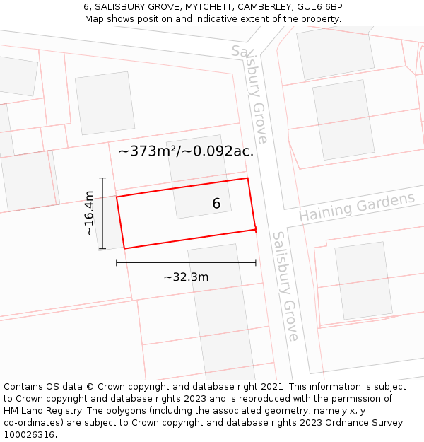 6, SALISBURY GROVE, MYTCHETT, CAMBERLEY, GU16 6BP: Plot and title map