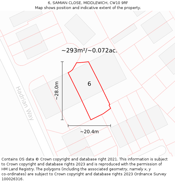 6, SAMIAN CLOSE, MIDDLEWICH, CW10 9RF: Plot and title map