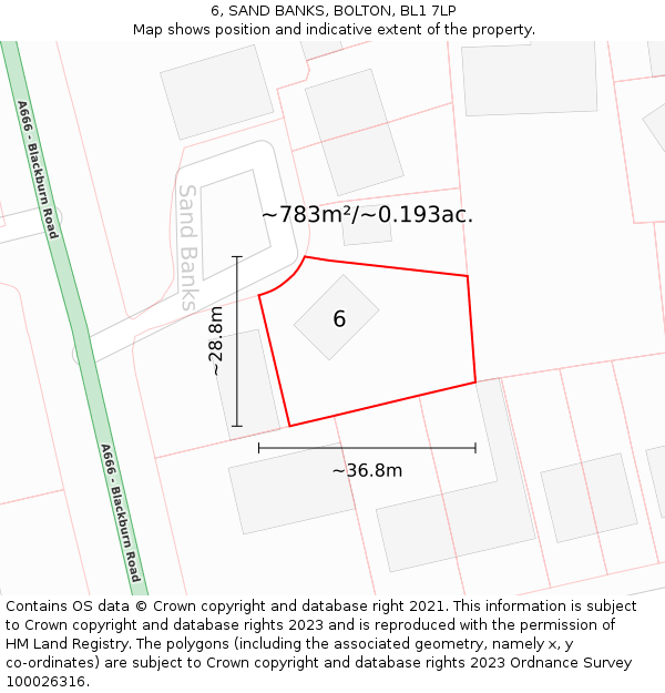 6, SAND BANKS, BOLTON, BL1 7LP: Plot and title map