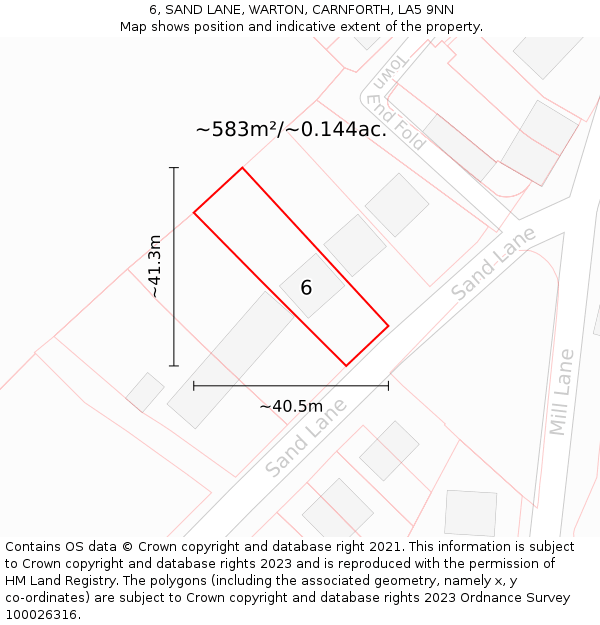 6, SAND LANE, WARTON, CARNFORTH, LA5 9NN: Plot and title map