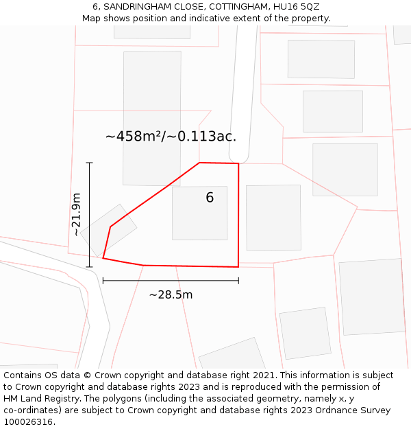 6, SANDRINGHAM CLOSE, COTTINGHAM, HU16 5QZ: Plot and title map