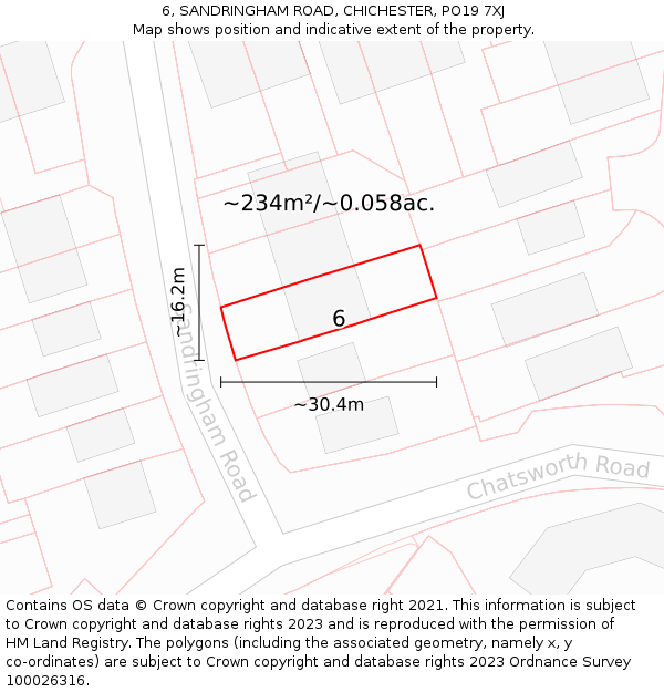 6, SANDRINGHAM ROAD, CHICHESTER, PO19 7XJ: Plot and title map