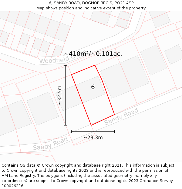 6, SANDY ROAD, BOGNOR REGIS, PO21 4SP: Plot and title map