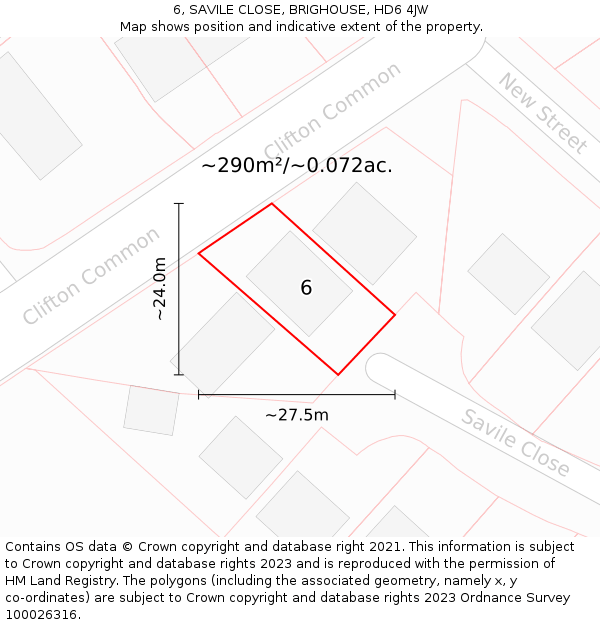 6, SAVILE CLOSE, BRIGHOUSE, HD6 4JW: Plot and title map