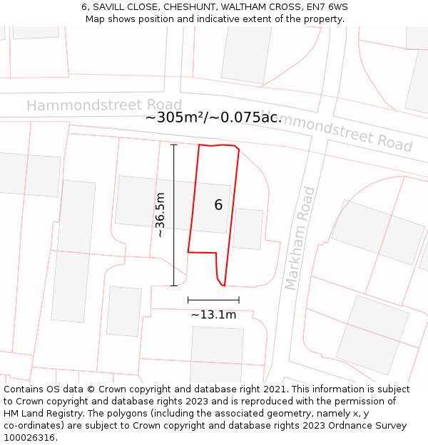 6, SAVILL CLOSE, CHESHUNT, WALTHAM CROSS, EN7 6WS: Plot and title map