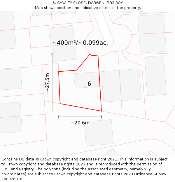 6, SAWLEY CLOSE, DARWEN, BB3 3QY: Plot and title map