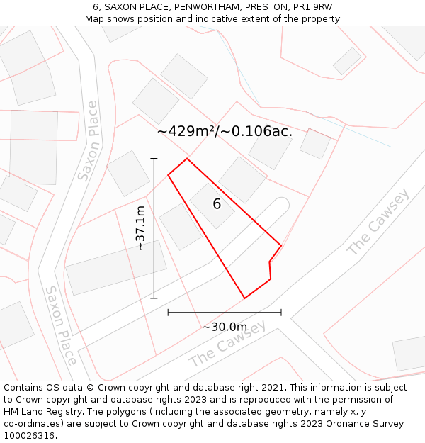 6, SAXON PLACE, PENWORTHAM, PRESTON, PR1 9RW: Plot and title map