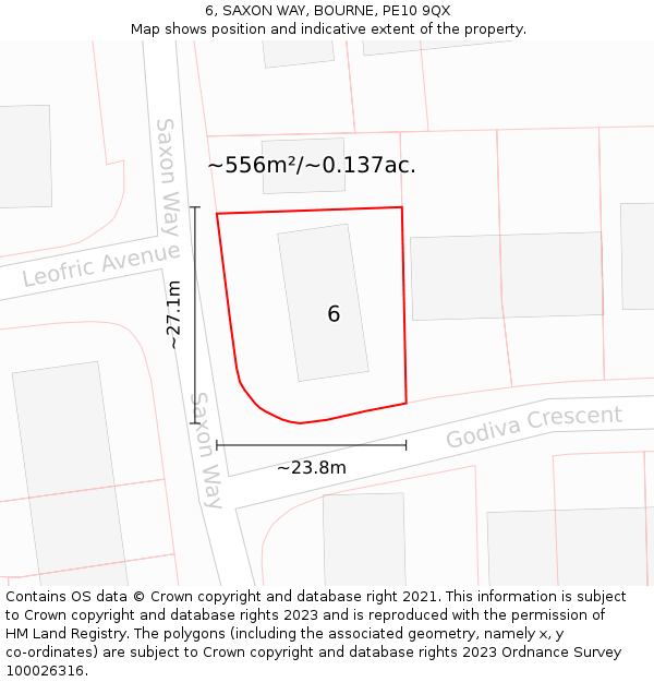 6, SAXON WAY, BOURNE, PE10 9QX: Plot and title map