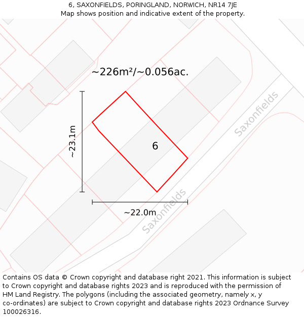 6, SAXONFIELDS, PORINGLAND, NORWICH, NR14 7JE: Plot and title map