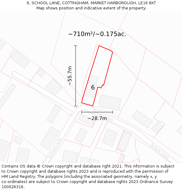 6, SCHOOL LANE, COTTINGHAM, MARKET HARBOROUGH, LE16 8XT: Plot and title map