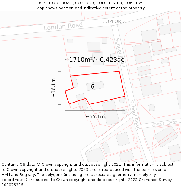 6, SCHOOL ROAD, COPFORD, COLCHESTER, CO6 1BW: Plot and title map