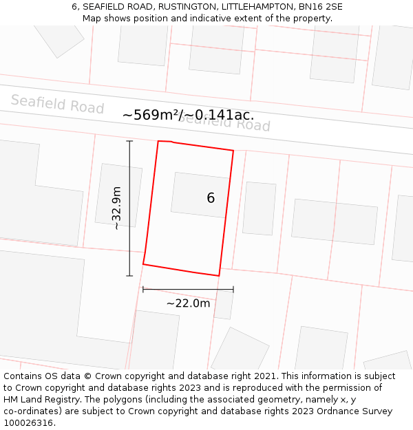 6, SEAFIELD ROAD, RUSTINGTON, LITTLEHAMPTON, BN16 2SE: Plot and title map