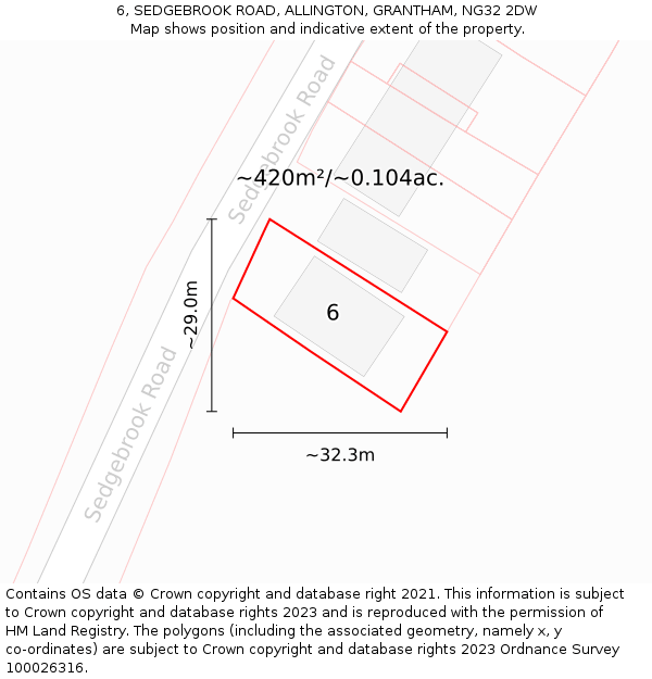 6, SEDGEBROOK ROAD, ALLINGTON, GRANTHAM, NG32 2DW: Plot and title map