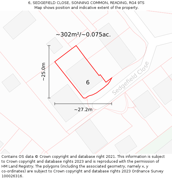 6, SEDGEFIELD CLOSE, SONNING COMMON, READING, RG4 9TS: Plot and title map