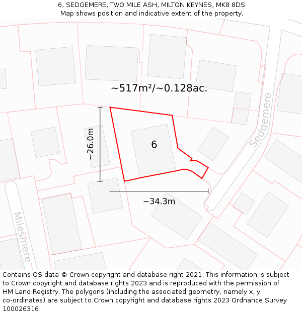 6, SEDGEMERE, TWO MILE ASH, MILTON KEYNES, MK8 8DS: Plot and title map