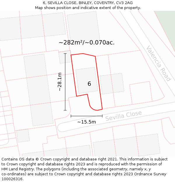 6, SEVILLA CLOSE, BINLEY, COVENTRY, CV3 2AG: Plot and title map
