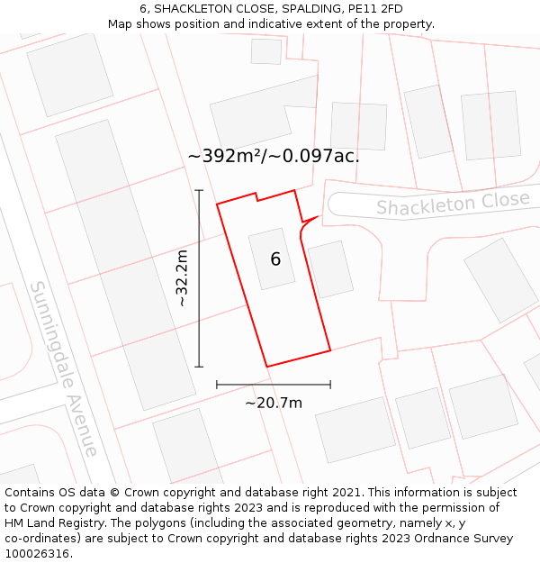 6, SHACKLETON CLOSE, SPALDING, PE11 2FD: Plot and title map