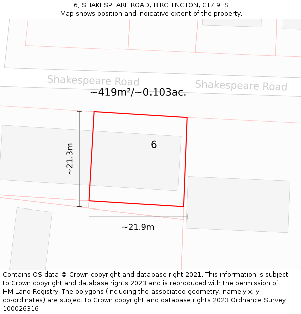 6, SHAKESPEARE ROAD, BIRCHINGTON, CT7 9ES: Plot and title map