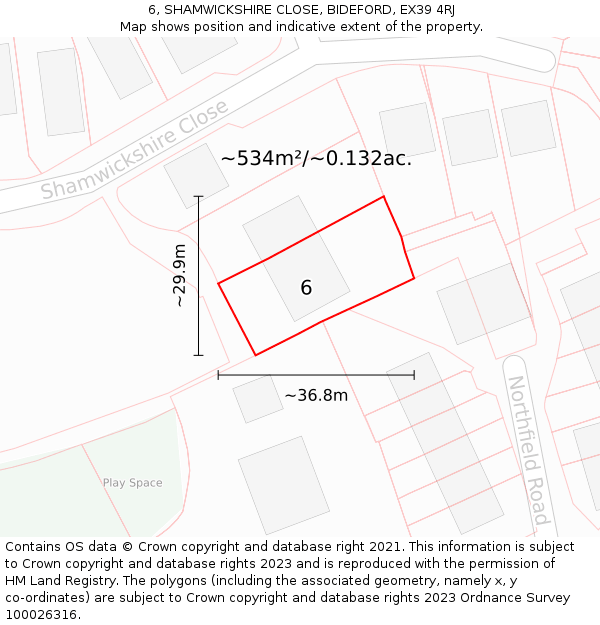 6, SHAMWICKSHIRE CLOSE, BIDEFORD, EX39 4RJ: Plot and title map