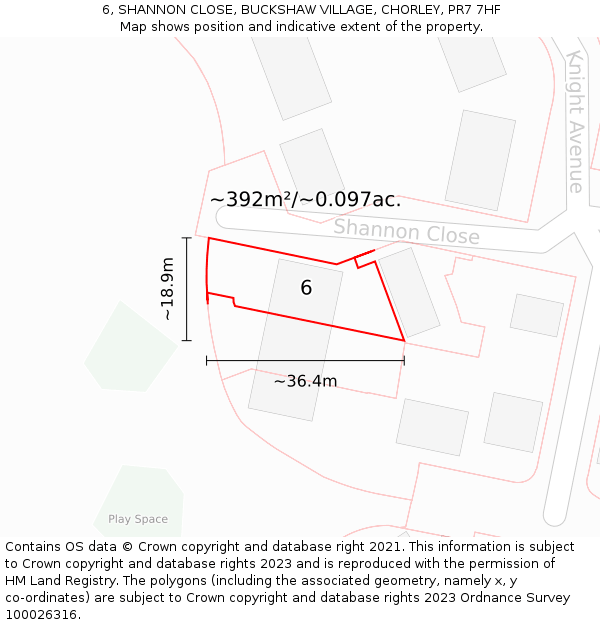 6, SHANNON CLOSE, BUCKSHAW VILLAGE, CHORLEY, PR7 7HF: Plot and title map