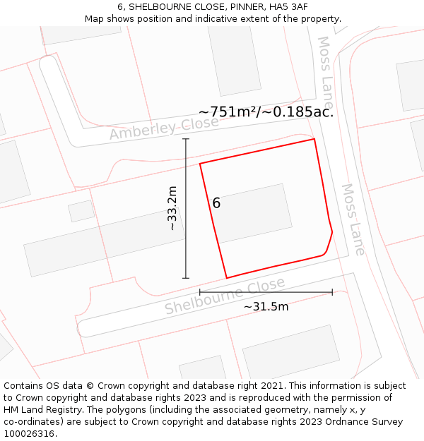 6, SHELBOURNE CLOSE, PINNER, HA5 3AF: Plot and title map