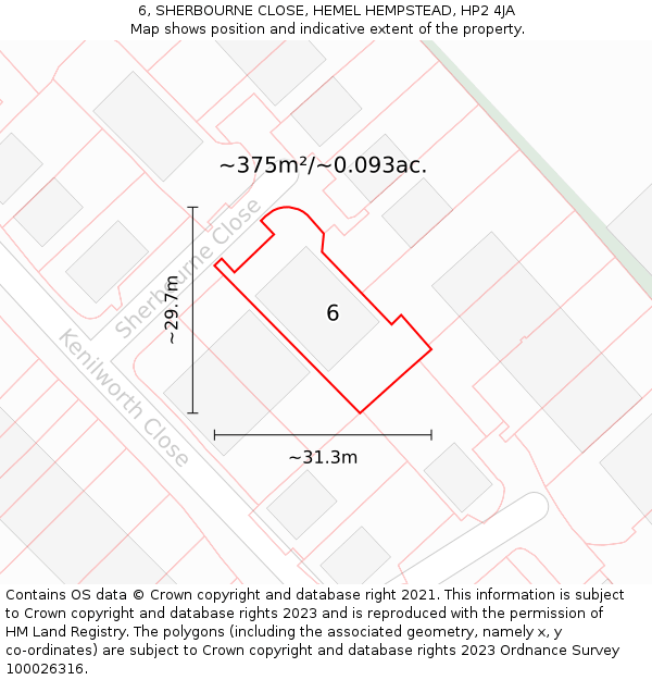 6, SHERBOURNE CLOSE, HEMEL HEMPSTEAD, HP2 4JA: Plot and title map