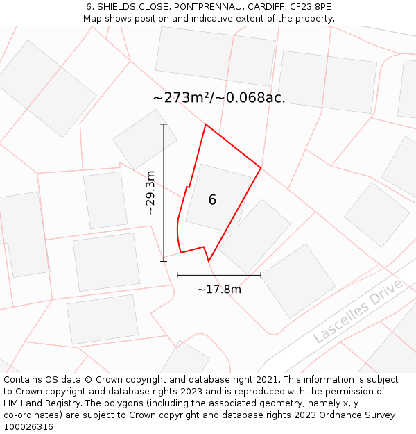 6, SHIELDS CLOSE, PONTPRENNAU, CARDIFF, CF23 8PE: Plot and title map