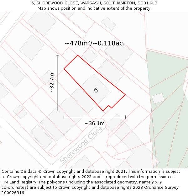 6, SHOREWOOD CLOSE, WARSASH, SOUTHAMPTON, SO31 9LB: Plot and title map