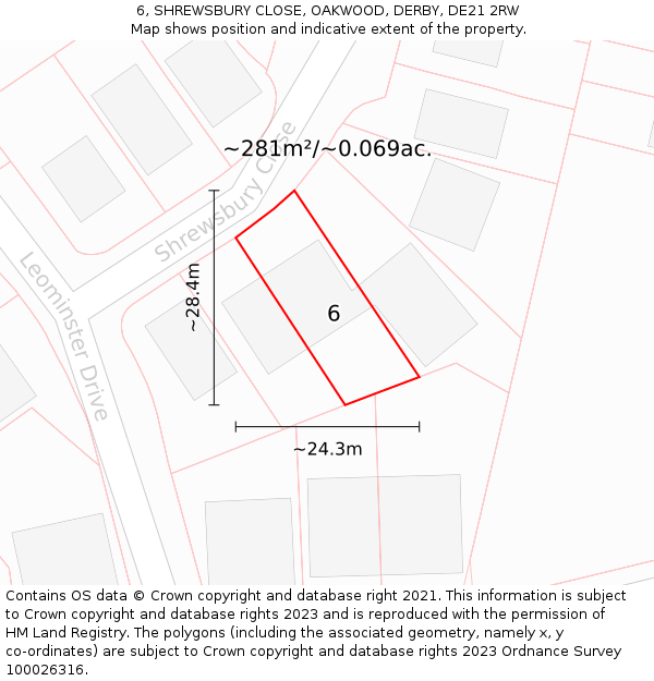 6, SHREWSBURY CLOSE, OAKWOOD, DERBY, DE21 2RW: Plot and title map
