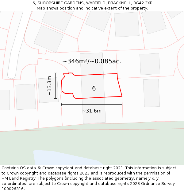 6, SHROPSHIRE GARDENS, WARFIELD, BRACKNELL, RG42 3XP: Plot and title map