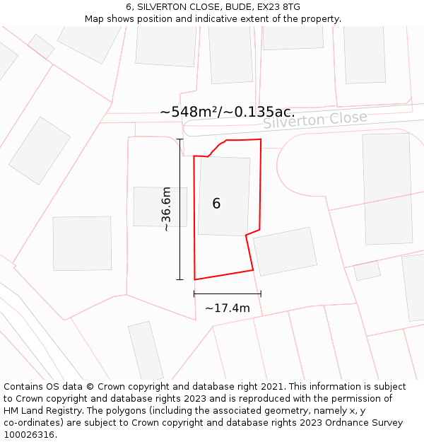 6, SILVERTON CLOSE, BUDE, EX23 8TG: Plot and title map