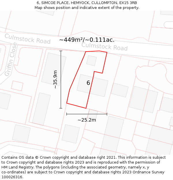 6, SIMCOE PLACE, HEMYOCK, CULLOMPTON, EX15 3RB: Plot and title map