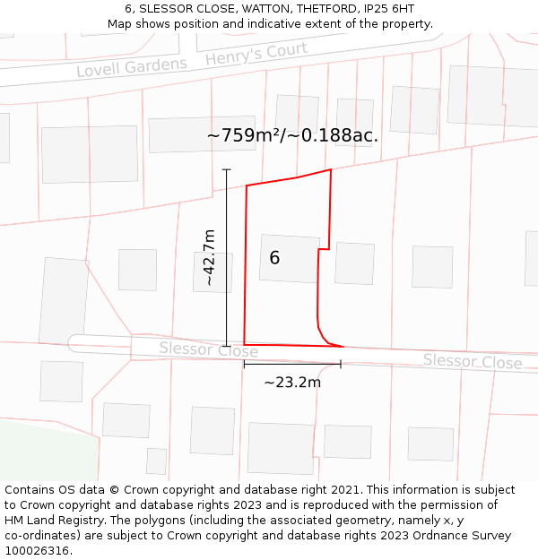 6, SLESSOR CLOSE, WATTON, THETFORD, IP25 6HT: Plot and title map