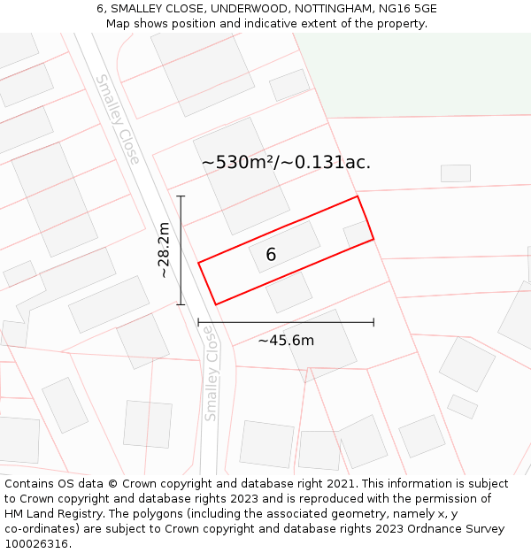 6, SMALLEY CLOSE, UNDERWOOD, NOTTINGHAM, NG16 5GE: Plot and title map