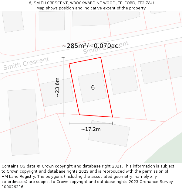 6, SMITH CRESCENT, WROCKWARDINE WOOD, TELFORD, TF2 7AU: Plot and title map