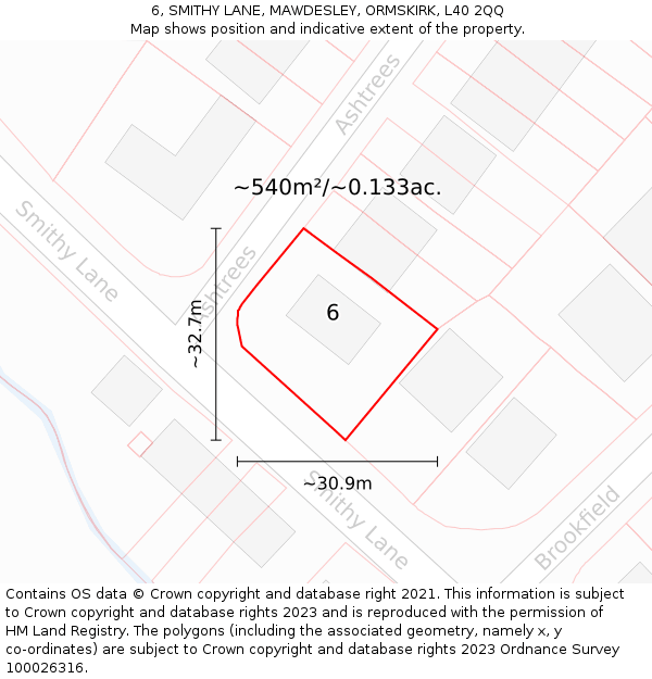 6, SMITHY LANE, MAWDESLEY, ORMSKIRK, L40 2QQ: Plot and title map