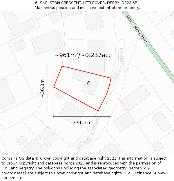 6, SNELSTON CRESCENT, LITTLEOVER, DERBY, DE23 6BL: Plot and title map