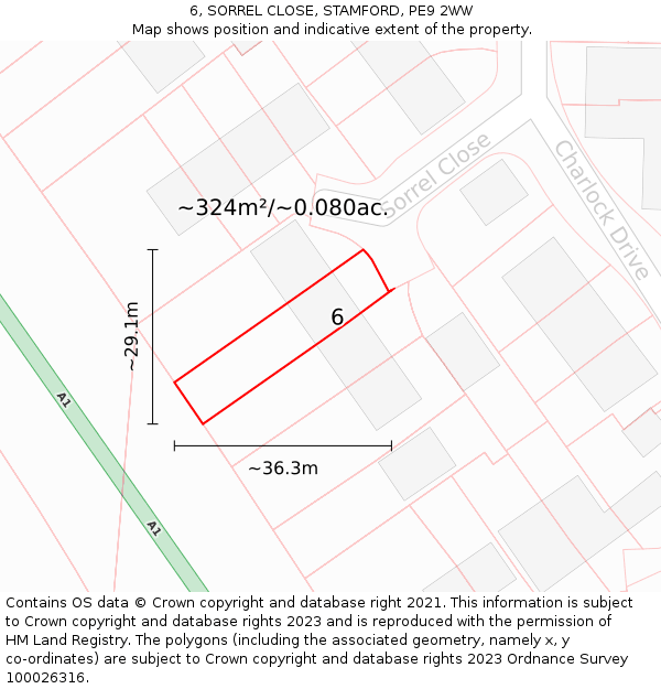 6, SORREL CLOSE, STAMFORD, PE9 2WW: Plot and title map