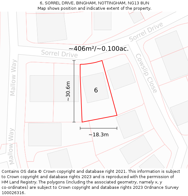 6, SORREL DRIVE, BINGHAM, NOTTINGHAM, NG13 8UN: Plot and title map