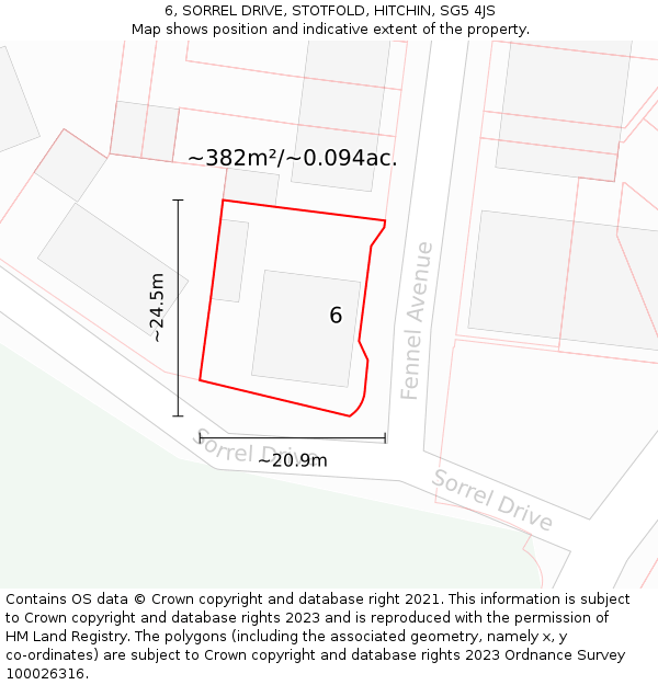 6, SORREL DRIVE, STOTFOLD, HITCHIN, SG5 4JS: Plot and title map