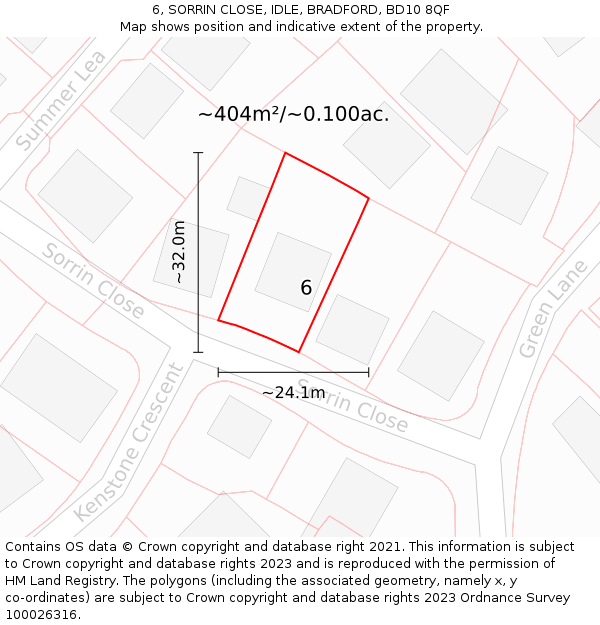 6, SORRIN CLOSE, IDLE, BRADFORD, BD10 8QF: Plot and title map