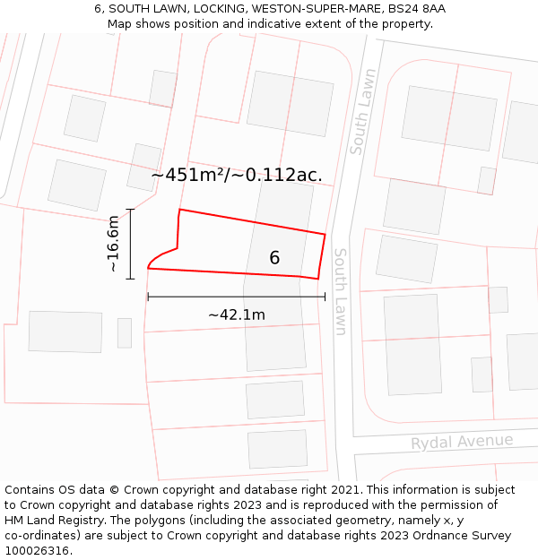 6, SOUTH LAWN, LOCKING, WESTON-SUPER-MARE, BS24 8AA: Plot and title map