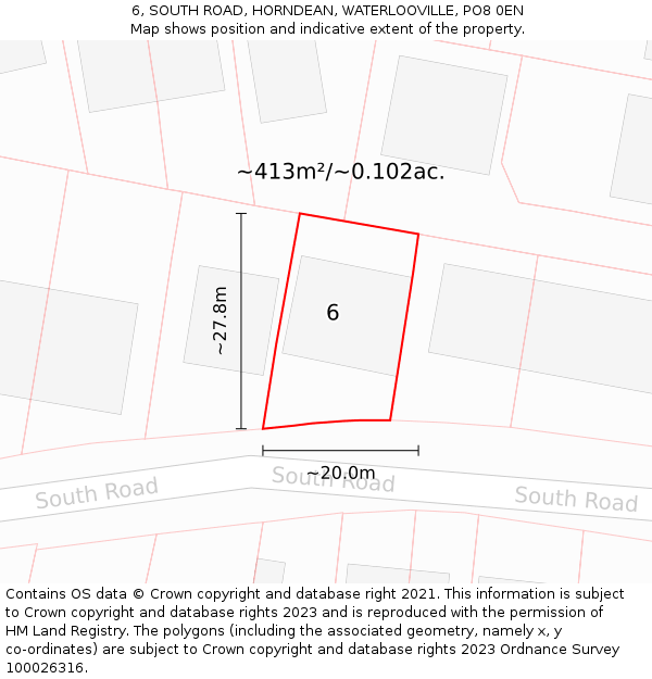 6, SOUTH ROAD, HORNDEAN, WATERLOOVILLE, PO8 0EN: Plot and title map