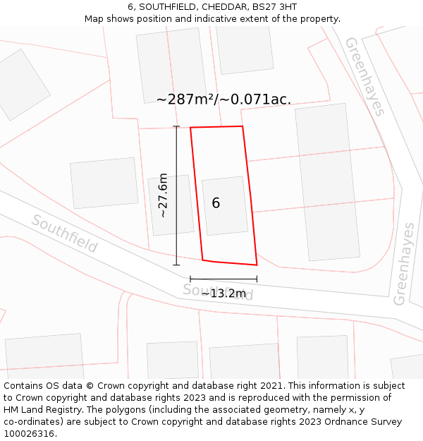 6, SOUTHFIELD, CHEDDAR, BS27 3HT: Plot and title map