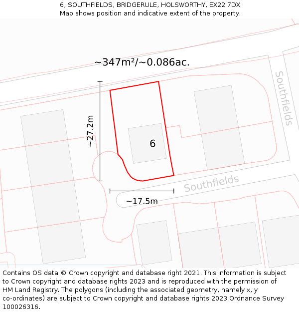 6, SOUTHFIELDS, BRIDGERULE, HOLSWORTHY, EX22 7DX: Plot and title map