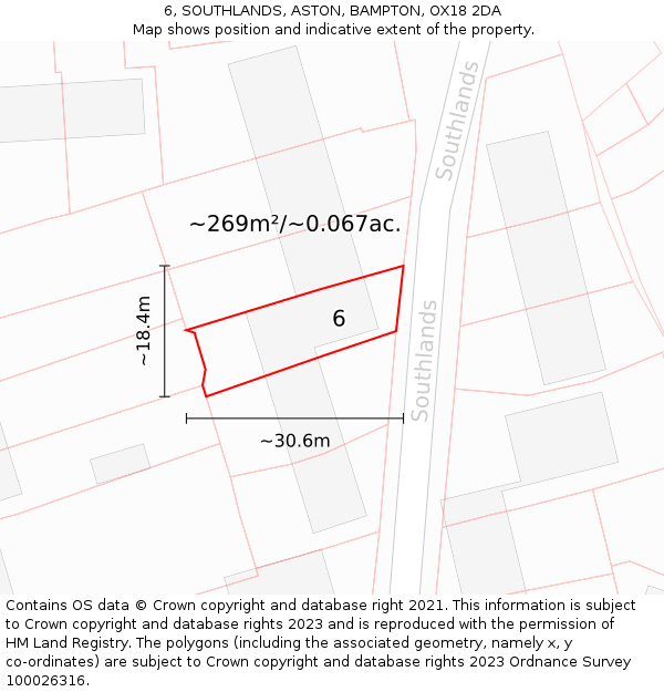 6, SOUTHLANDS, ASTON, BAMPTON, OX18 2DA: Plot and title map