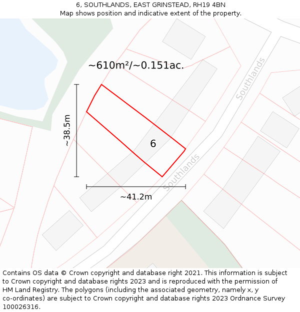 6, SOUTHLANDS, EAST GRINSTEAD, RH19 4BN: Plot and title map